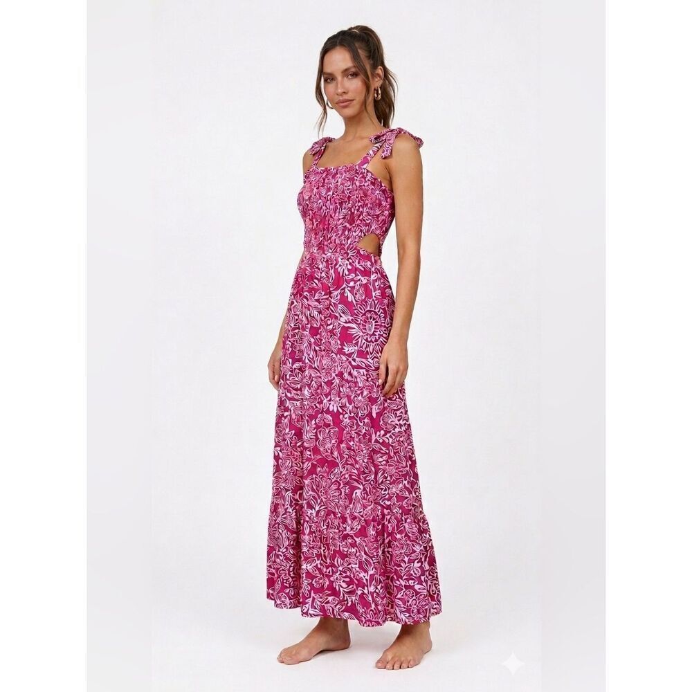 Vibrant Pink Floral Tie-Shoulder Boho Tropical Maxi Dress Side Cut Outs Rayon